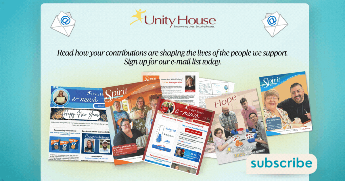 A pop-up box with a graphic reads: Can we join your inbox? Read how your contributions are shaping the lives of the people we support. Sign up for our e-mail list today. The entire image is a clickable link, but there is a subscribe button pulsing in the bottom right corner.